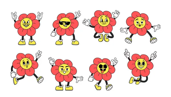 Çizgi Film Groovy Retro Flowers Emoji Yılları Anımsatan Şekillendirilmiş Tuhaf — Stok Vektör