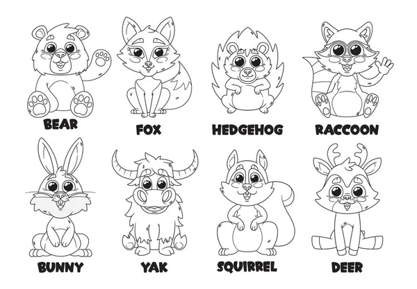 卡通森林动物角色概述单色矢量图标集 可爱的熊 刺猬和浣熊 鹿和松鼠的直系人 毛茸茸的 富有生气的表情 — 图库矢量图片