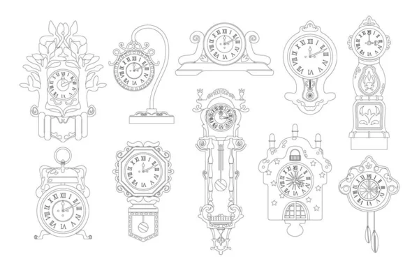 Antique Clocks Περίγραμμα Εικονίδια Διάνυσμα Σετ Περίπλοκο Μαύρο Και Άσπρο — Διανυσματικό Αρχείο