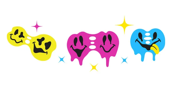 Kolekcja Vibrant Vintage Smile Emojis Topnieje Psychodeliczne Odcienie Retro Cartoon — Wektor stockowy