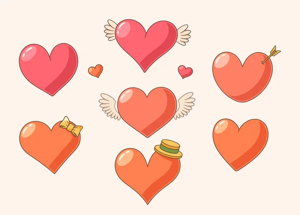 Retro Cartoon Vector Set Hearts Valentines Day Whimsical Vibrant Nostalgic — Stock Vector