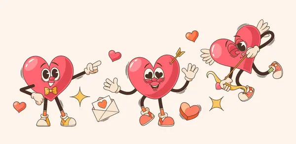 Charming Retro Cartoon Vector Hearts Dance Joy Tiro Com Seta — Vetor de Stock