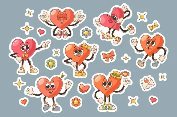 Set Stickers Retro Cartoon Groovy Heart Characters Exude Love Positivity — Stock Vector