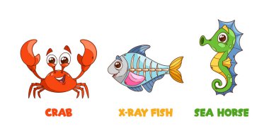 Yengeç çizgi filmi neşeli bir sırıtış takınır, canlı kırmızı pençeleri ve neşeli gözleri vardır. Suyun Büyüsü 'nü yayan, renklerin tayfında parlayan balıklar. Deniz Atı, Sualtı Maceralarında Tuhaf Zarafetle Övünür