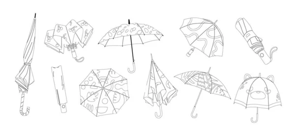 Umbrellas轮廓单色向量集 可拆卸的装置 专为防雨或防晒霜而设计 可方便地即时提供天气防护 黑白相间的线形滑石粉 — 图库矢量图片