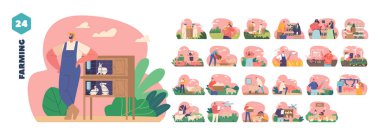 Karikatür Çiftçi Karakterleri ile yalıtılmış Vektör Elementleri. İnsanlar çiftçilik, hayvancılık, arıcılık, hayvanlarla ve bitkilerle ilgilenmek için yenilikçi teknoloji kullanıyorlar. Çizgi film Vektör İllüstrasyonu