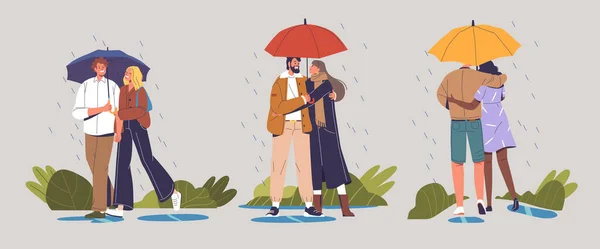 Aşık Çiftler Yağmurun Ortasında Bir Şemsiyeyi Paylaşır Gülüşleri Paylaştığımız Anların — Stok Vektör