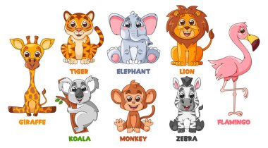 Karikatür Afrika Hayvanları Karakterleri İzole Edilmiş Vektör Kümesi. Zürafa, Kaplan, Aslan ve Fil, Koala, Maymun, Zebra veya Flamingo Şirin ve Komik Çocuk Kitapları ve Oyunları Çizimleri
