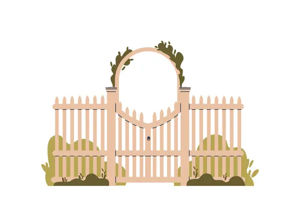 Elegant Wooden Fence Gate Exquisitely Crafted Wood Gracefully Intertwined Lush — Stock Vector