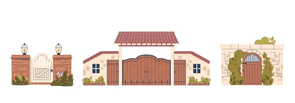 Wooden Brick Fence Features Sturdy Brick Base Elegant Wooden Panels — Stock Vector