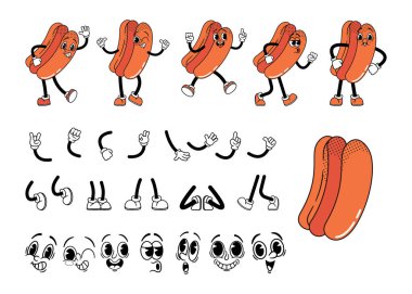 Çizgi film Retro Fast Food Hot Groovy Karakter İnşa Kiti. Klasik Hotdog Personel Pozisyonları, Yüz İfadeleri, Eller, Bacak Seti. Funky Style Fast food Yapıcı Elementleri. Vektör İllüstrasyonu