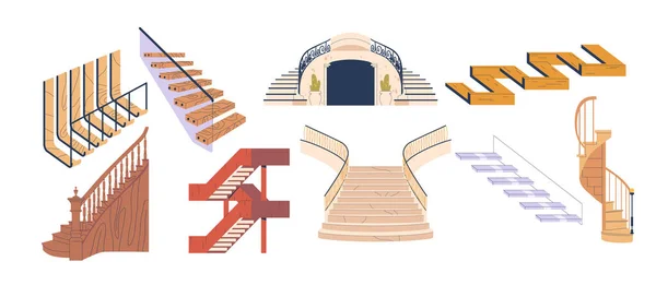 Set Von Haustreppen Treppe Aus Holz Stein Weißem Marmor Und — Stockvektor