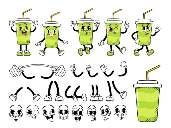 Cartoon Retro Groovy Soda Cup Character Construction Kit Vektorová Sada — Stockový vektor