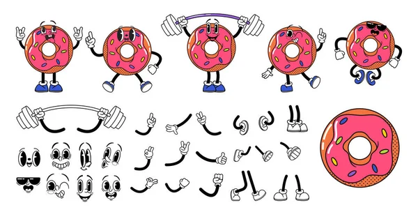 卡通复古Groovy Donut字符构造套件 复古快餐人物形象建设者 情感和姿势设置 怀旧的甜甜食与美味的葡萄 病媒图解 — 图库矢量图片