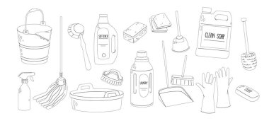 Temizlik Servisi Malzemeleri, Vektör Taslak Simgeleri Temizleme Malzemeleri. İzole Eldiven, Kova, Deterjan ve Havza. Süpürge, kepçe ya da tuvalet fırçası, pompa, sabun, sprey ve bez.