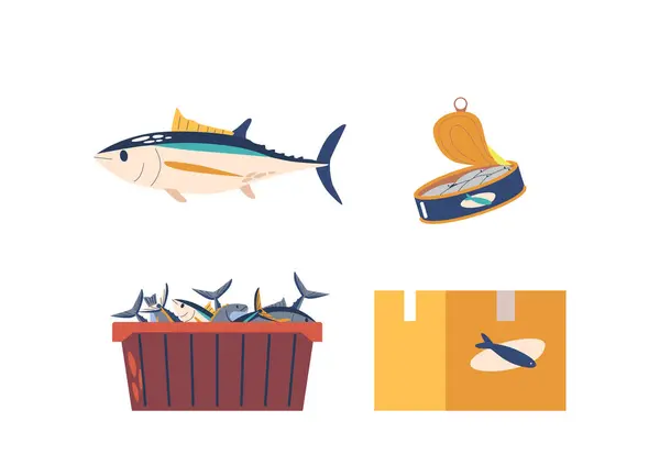 Fish Production Isolated Vector Set Vibrant Assortment Freshly Caught Fish — Stock Vector