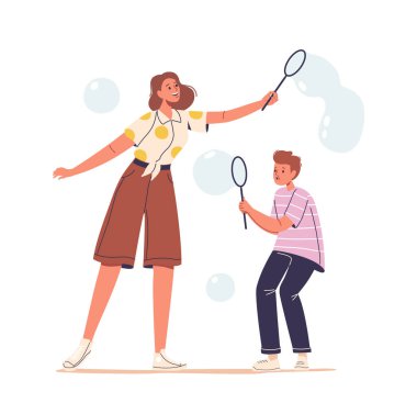 Kıkırdayan Çocuk, Harika Göz Işıltısı, Havada Büyük Baloncuklar Patlatan. Neşeli kahkahalar, patladığı sırada sabunlu atmosferi dolduruyor ve neşe içinde eğleniyor. Vektör İllüstrasyonu