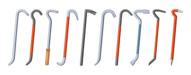 Levyeler, ağır nesneleri, marangozluğu veya hırsızlığı kaldırmak ve taşımak için tasarlanmış çelikten yapılmış izole vektör el aletleri. Açı, düzleştirilmiş sonları ve kıvrımlı şekilleri kaldıraç ve kavramayı arttırıyor.