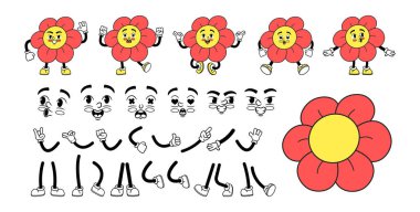 Çizgi film Retro Groovy Papatya Çiçeği Karakter İnşaat Çantası. 70 'lerin Çizgi Roman Yüzleri, Bacakları, Elleri, Duyguları. Mutlu, neşeli hippi nostaljik kişilik koleksiyonu. Vektör İllüstrasyonu