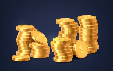 Altın Para yığınları refahı, zenginliği, başarıyı ve yatırımı sembolize eder. İşletme, Bankacılık ve Ekonomide Mali İstikrar, Hazine veya Altın Fırsatların Özünü somutlaştırıyor
