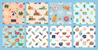 Renkli sörf tahtaları, Sup tahtaları, plaj şemsiyeleri, havuz kaydırakları, mayo ve tatil eşyaları içeren canlı ve pürüzsüz desenler. Plajlı Döşeme Arkaplanı ve Yaz Eğlencesi