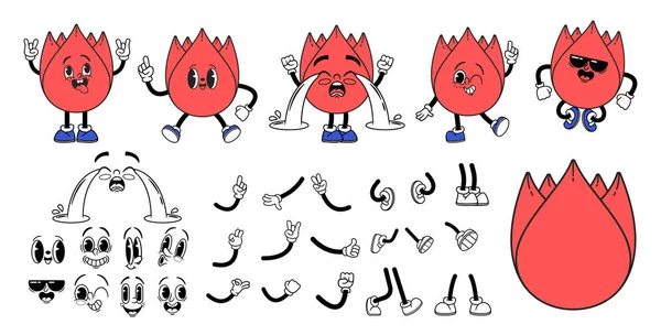 Cartoon Retro Groovy Red Tulip Flower Character Construction Kit Comicgesichter — Stockvektor