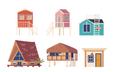 Plaj evleri hazır. Huzurlu Deniz Kenarı Yaşamı için Yazlık Konutların Toplanması. Panoramic Views ve Beachfront Access ile. Huzurlu Kıyı İnzivası için İzole Evler ve Kulübeler. Çizgi film Vektör Simgeleri