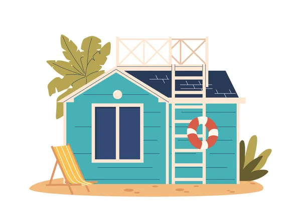Beach House Exterior Features Blue Wood Siding Expansive Window Ocean — Stock Vector