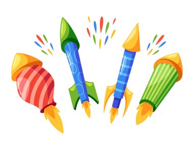 Havai fişek roketleri, gökyüzüne hızla yükselmek üzere tasarlanmış Pyrotechnic cihazlar, burada patlarlar, renkli ve ses eşliğinde görsel efektler açığa çıkarırlar. Çizgi film Vektör İllüstrasyonu