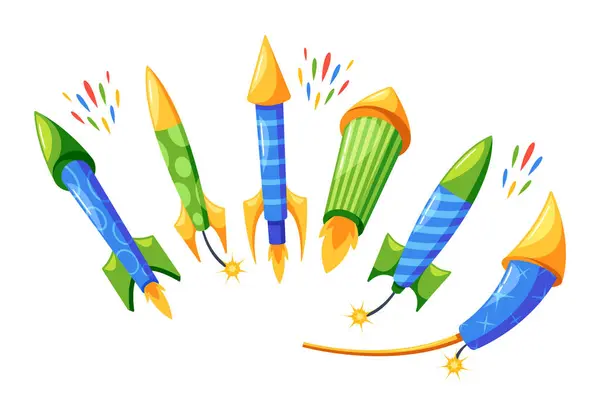 Fuochi Artificio Rockets Set Dispositivi Pirotecnici Che Esplodono Nel Cielo — Vettoriale Stock