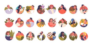 İnsanların canlı Görselleri Yeşillik, Parlak Çiçeklerden Yapraksı Ev Bitkilerine Doğanın ve İnsan Bağlantısının Uyumlu Harmanlanmış Karakterleri. Çizgi film Vektör İllüstrasyonu