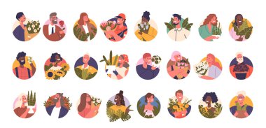 Değişik Karakterlerin Enfes Görselleri Canlı Çiçekler ya da Çiçeklerle Dolu Ev Bitkileri Isınan Sıcaklık ve Doğayla Bir Bağlantı. Çizgi film Genç ve Yaşlılar Portreleri, Simgeler, Vektör Resimleri