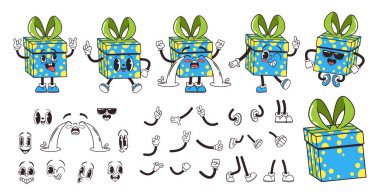 Çizgi film Retro Groovy Hediye Kutusu Karakter Üreticisi. 70 'ler ve 60' lardan esinlenilmiş Vector Collection Comic Present Faces, Legs, Hands and Emotions. Hippi Nostaljik Hediyelerinin İnşaat Çantası