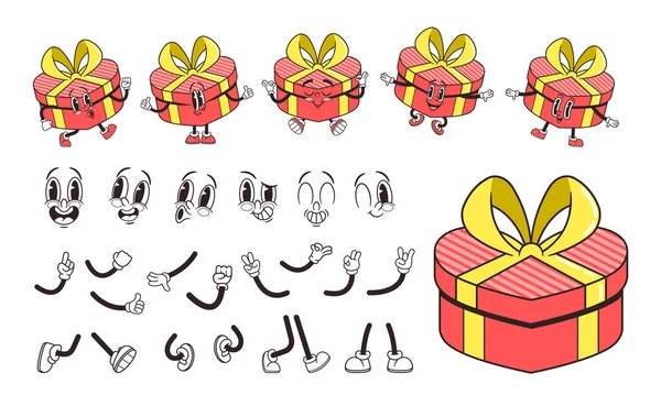 Retro Groovy Heart Membentuk Gift Box Character Builder Untuk Valentines - Stok Vektor