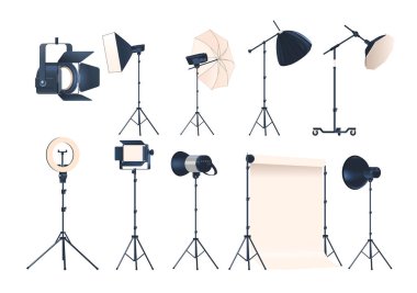 Fotoğraf Stüdyosu Ekipmanları. Tripodlar, Işıklar, Softbox 'lar, Leds, Backdrops, Reflectors, Diffuser' lar, Profesyonel Sınıfta Fotoğrafları Yakalama ve Rafine Etme Hizmeti. Çizgi film Vektör İllüstrasyonu