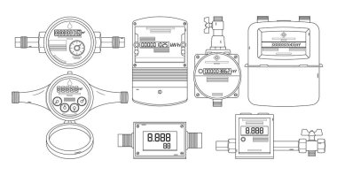 Su, gaz, elektrik ve ısı ölçer de dahil olmak üzere Kamu Hizmetleri Metrolarını temsil eden Minimalist Taslak Simgelerinin Vektör Kümesi. İzole edilmiş Tek Renkli Tasarım Elementleri, Ev Eşyaları Koleksiyonu