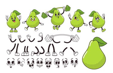 Green Pear Fruit Çizgi Filmi Harika Karakter İnşaat Çantası. İzole edilmiş vektör seti Retro Hippi Kişilik Yüz Duyguları, Vücut Parçaları, Eller, Bacaklar ve Yüzler. Halterli sporcu, Gülümse, Göz Kırpan Göz