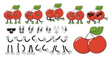 Vişneli Böğürtlen Çizgi Filmi, Meyve Karakteri İnşaat Çantası. İzole edilmiş vektör seti Retro Groovy Moda Kişiliği Yüz Duyguları, Vücut Parçaları, Eller, Kollar, Ayaklar ve Yüzler Gülümseme, Islık Çalma, Güneş Gözlüğü