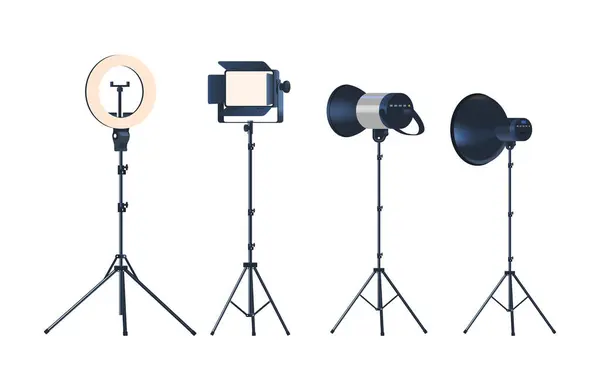 Professional Photo Studio Light Equipment Set Strobe Light Circular Lamp — Stock Vector
