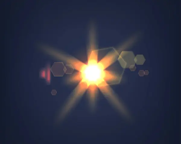 灿烂的3D矢量太阳升起 闪耀的光芒闪耀 用迷人的光芒点缀天空 星光用迷人的闪光 连光和能量的光束创造出一个天际的光晕 — 图库矢量图片