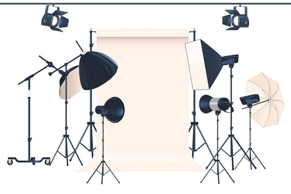 Photo Studio Light Equipment Includes Key Lights, Fill Lights, Backlights, Softbox, Umbrella, Light Stand, Backdrop And Reflector To Control And Shape Photography Light. Cartoon Vector Illustration
