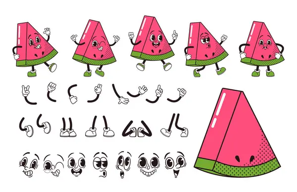 Cartoon Fruit Watermelon Plátek Stavební Sada Znaků Izolovaná Vektorová Sada — Stockový vektor