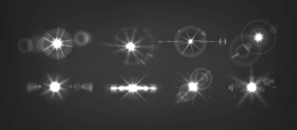天体辐射中的强光现实3D矢量单色集 发光的灯 日出的爆裂 或能量束 类似宇宙爆炸 白光与光晕 — 图库矢量图片