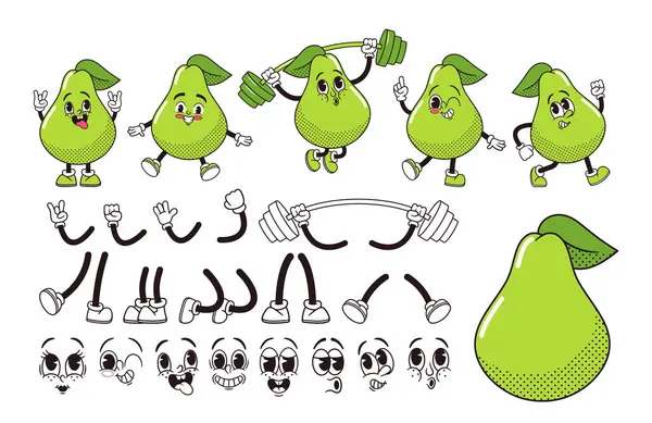 Green Pear Fruit Cartoon Groovy Character Construction Kit Inglés Conjunto — Archivo Imágenes Vectoriales