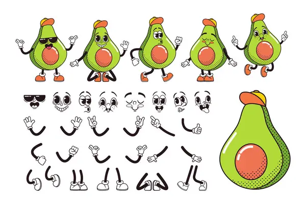 Γελοιογραφία Avocado Half Fruit Κατασκευή Χαρακτήρα Μεμονωμένο Σύνολο Δημιουργίας Δημιουργίας — Διανυσματικό Αρχείο