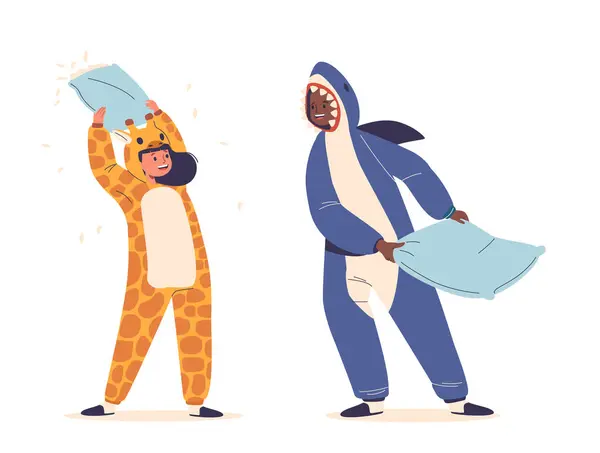 Дети Веселятся Пижамной Вечеринке Кигуруми Отголоски Смеха Время Шквала Огромных — стоковый вектор