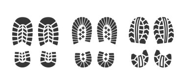 İnsan ayak izleri, ayak izleri, ayakkabı desenleri de dahil olmak üzere Siyah Ayakkabı ve Ayakkabı İzlerinin Vektör Siluetleri. İzole edilmiş ayak izleri ve izler. Yürümek ve yürümek için çeşitli ayakkabı stilleri