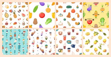 Meyveli, sebzeli ve çeşitli içkilerli kusursuz desenler. Pumpkins, Lemons, Water Bottles, Tea or Coffee Cups ile Vektör Döşeme Arkaplanı, Lezzetli Yemekler Düzenleme, Tekrarlayan Tasarım