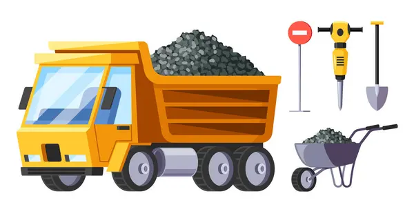 Construção Roadworks Equipment Set Veículo Pesado Caminhão Ponta Para Transportar — Vetor de Stock