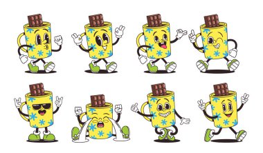 Retro Groovy Mug Karakter Vektör Kümesi. Kaprisli, 60 'lı ve 70' li yılların tarzında çikolatalı, psikedelik renk ve desenle süslenmiş, Barış Hareketi, Sevgi Işığı ya da Nostalji Gösteren